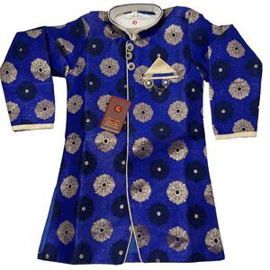 Boys Sherwani Jacket Royal Blue & Gold w/ Embellishments Stand up Collar Size 4